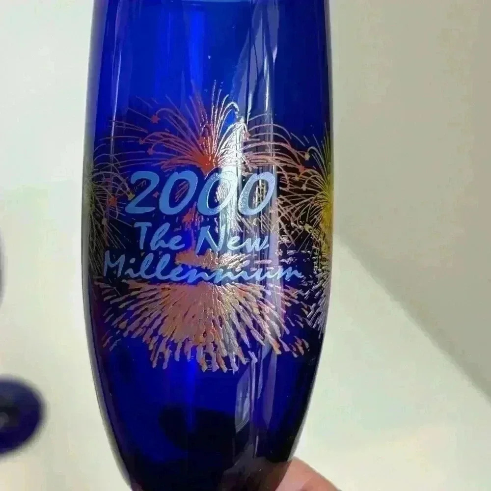 Millennium Y2K New Year’s Eve  1999/2000 cobalt glass champagne flutes. - Picture 7 of 10